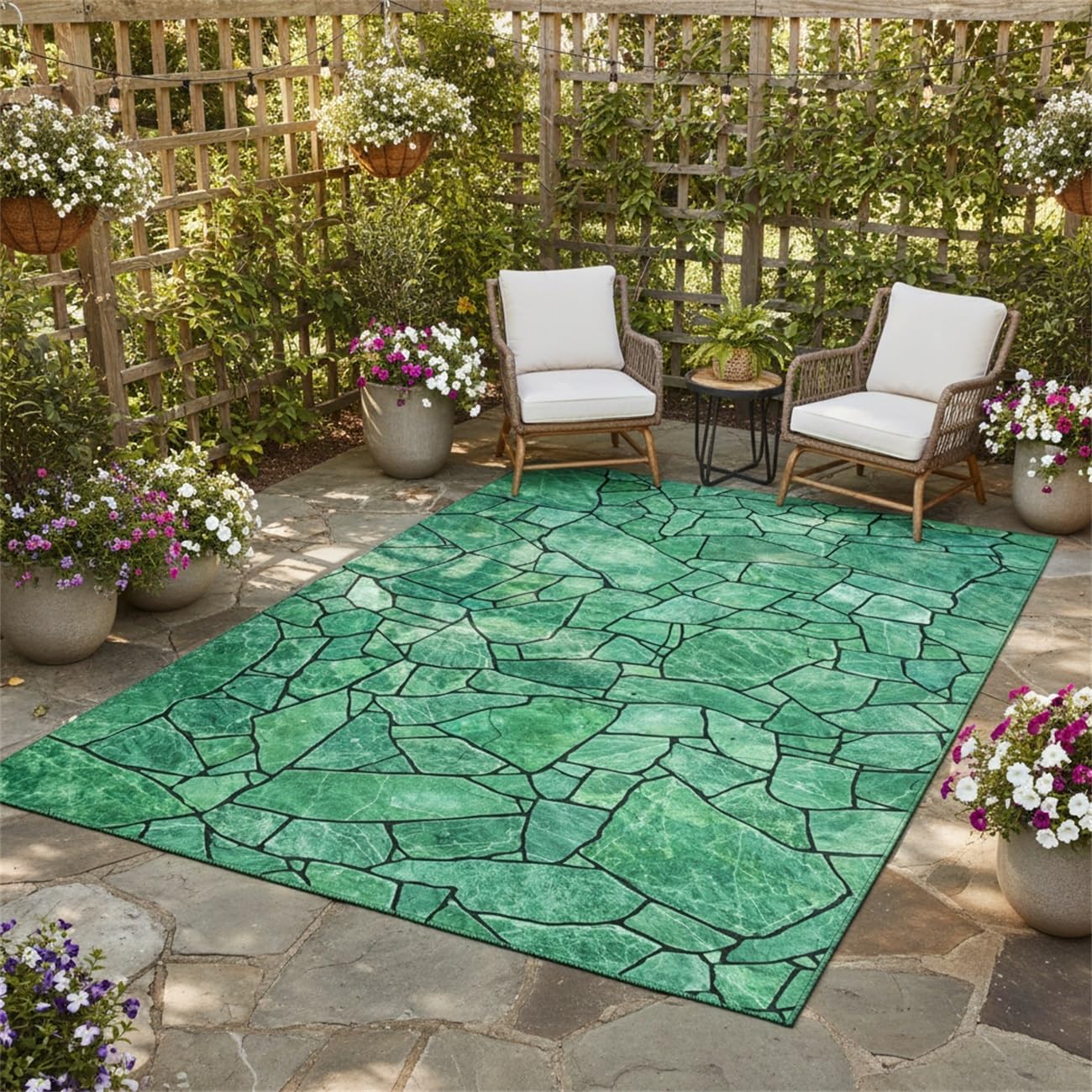 Emerald Green Irregular Stone Pattern Area Rug 2x3 Rustic Outdoor Waterproof Rugs for Porch Patio Deck Backyard Non Skid Thin Low Pile Outside Large Carpet Balcony Foyer RV Mats Front Yard Rug