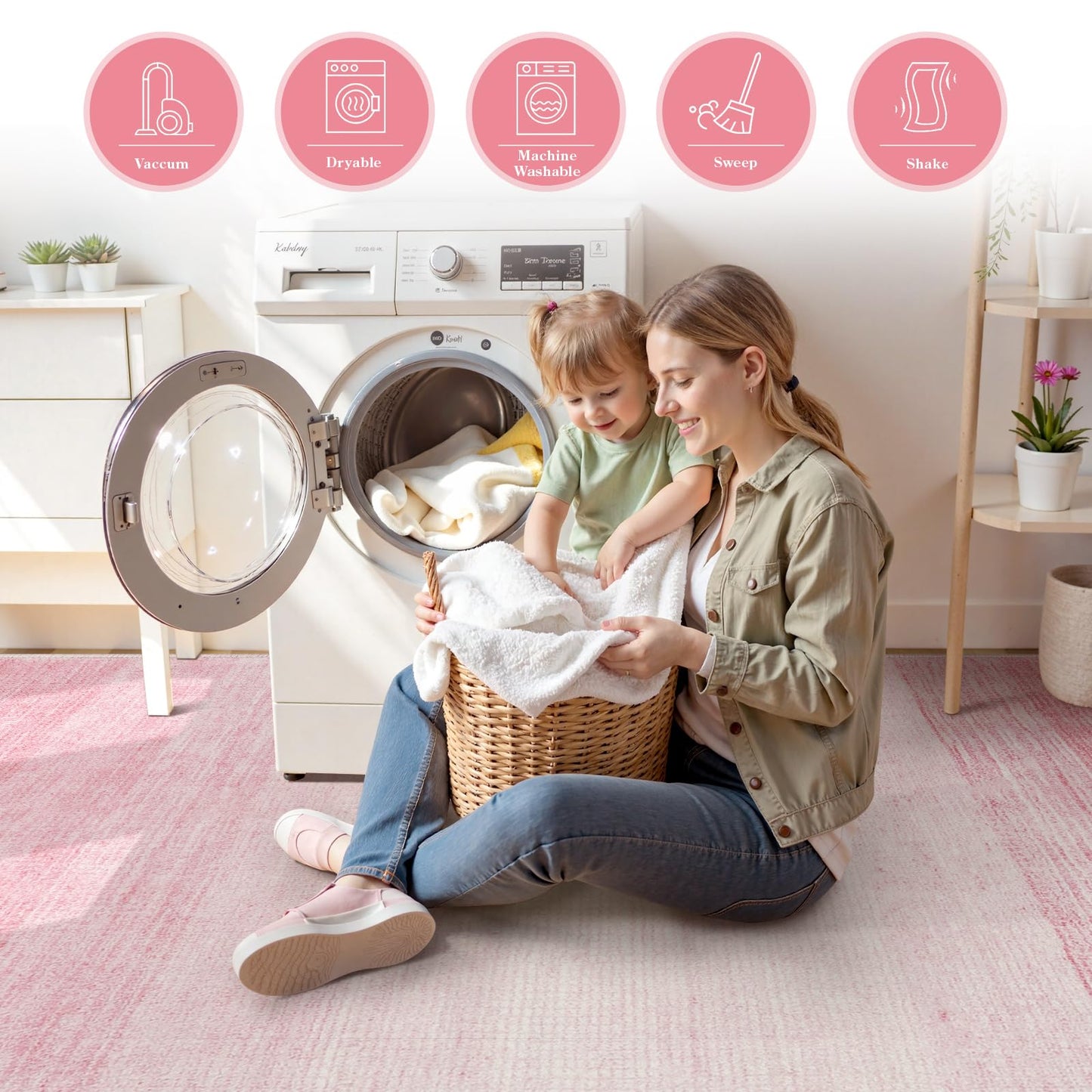 Wonnitar Washable Light Pink Rug, 5x7 Modern Ombre Rugs for Living Room, Non-Slip Abstract Area Rug for Bedroom Girls, Non-Shedding Soft Large Throw Carpet for Bathroom (Pink, 5'x7')