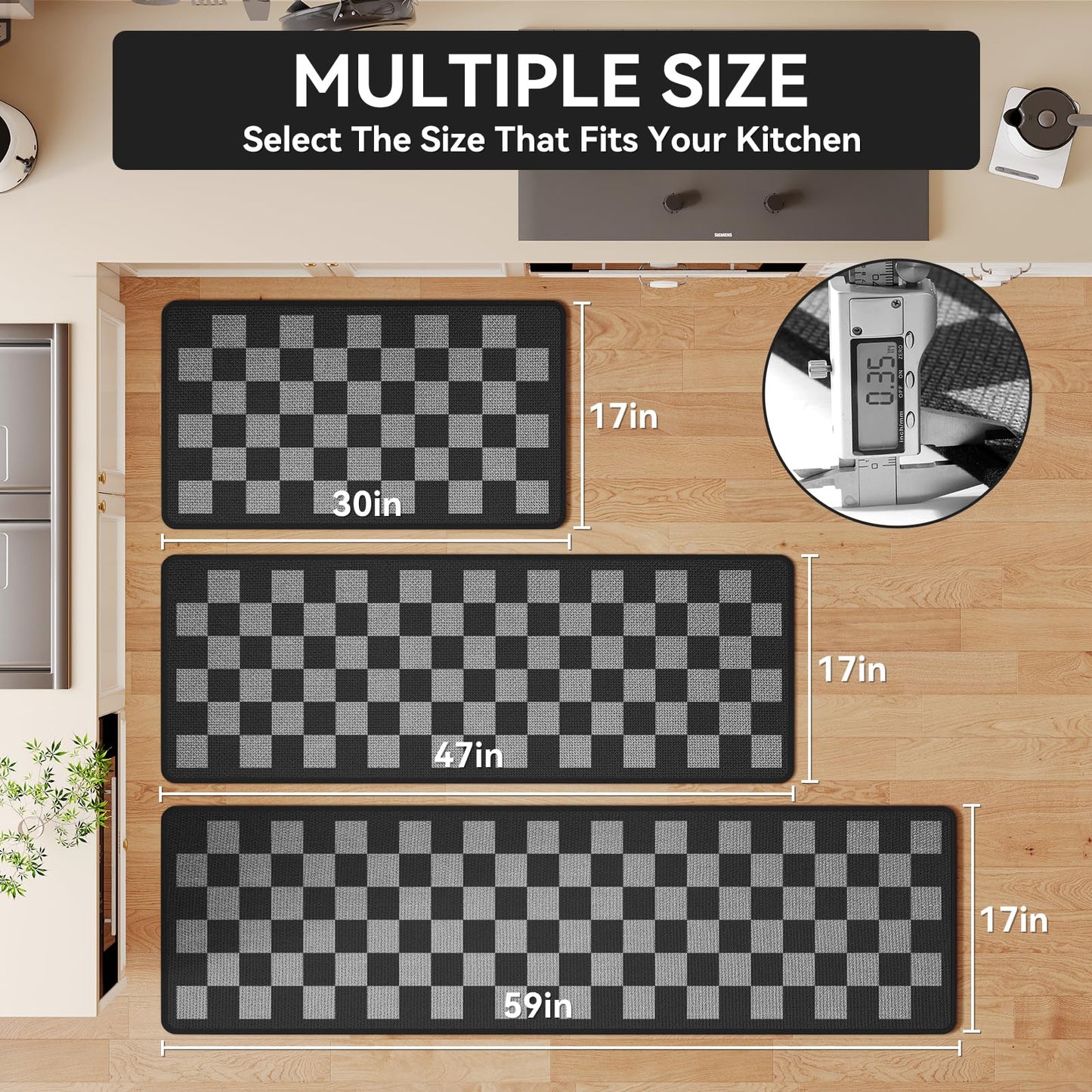 YDKGL Kitchen Mats for Floor Kitchen Rugs Non Slip Washable, Super Absorbent Linen-Look Woven Runner Rug, Kitchen Sink Mat Standing Mat, Black Gray Checkered 17"x47"