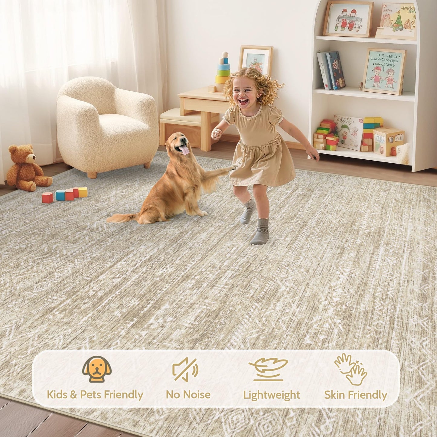 Washable Rug 8x10 Area Rugs: Modern Geometric Rugs for Living Room Non Slip Soft Low Pile Moroccan Indoor Carpet for Bedroom Nursery Dining Room Home Office Children's Room (Beige, 8'x10')