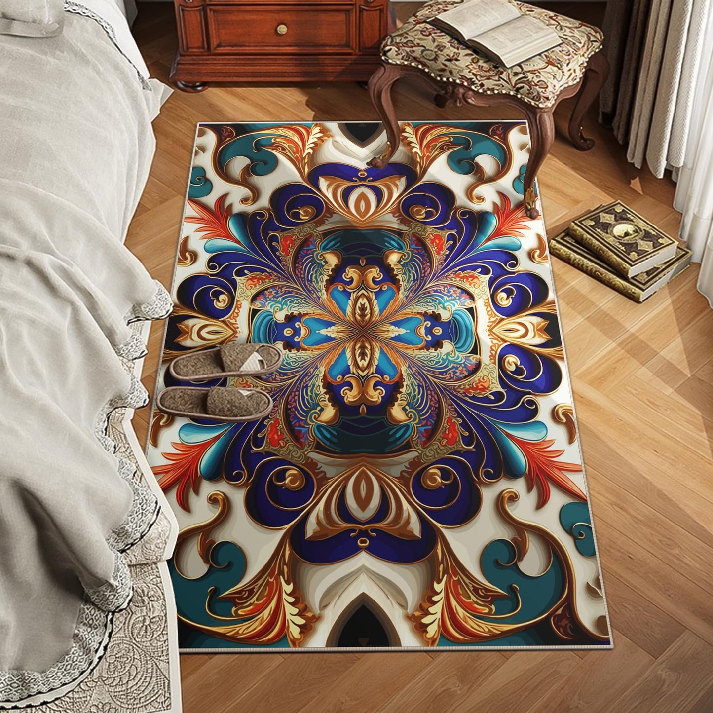 Washable Area Rug, Non-Slip Vintage Hallway Rug Runner with Upgrade Rubber Backing, Stain Resistant Faux Wool Distressed Carpet Runner for Bedroom Living Room Kitchen Laundry Entrance (70" x 55")