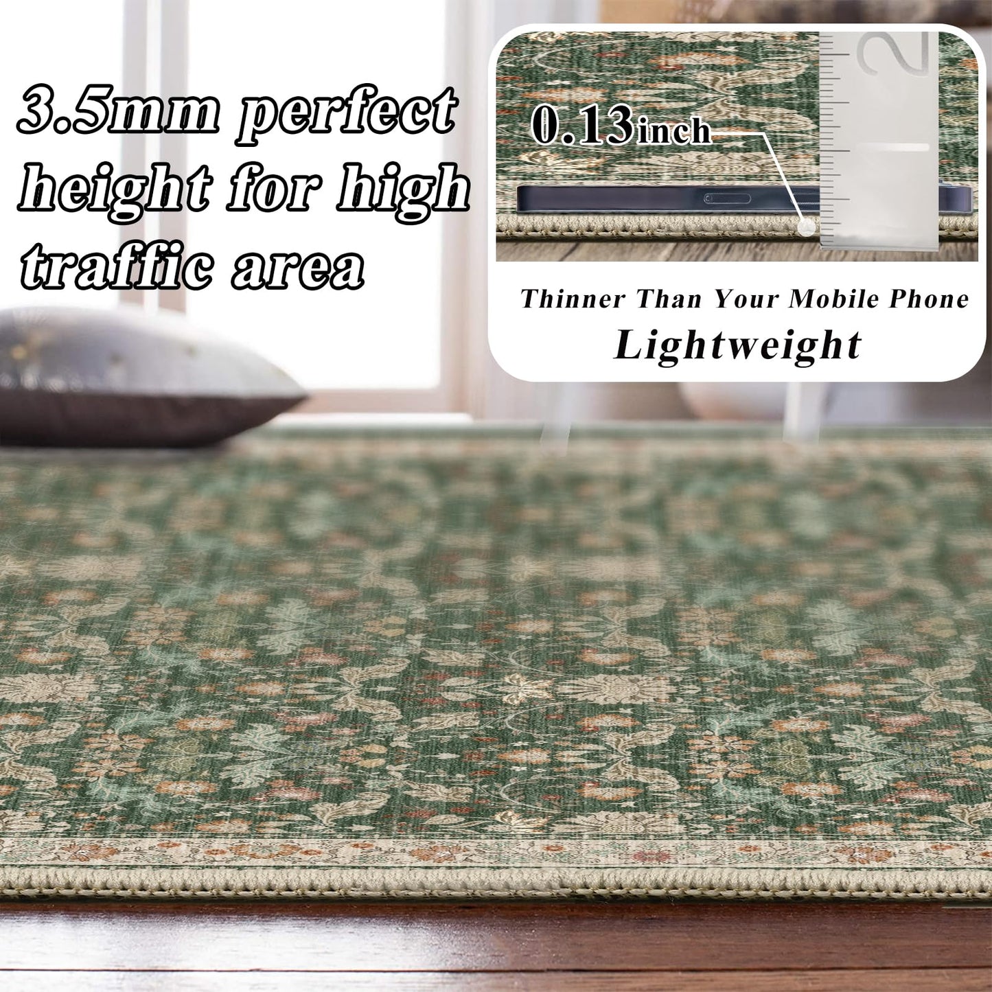 10x14 Rug Living Room: Extra Large Washable Area Rugs Super Soft Distressed Oriental Rugs with Non Slip Backing Farmhouse Rug Low Pile Thin Stain Resistant Indoor Carpet 10x14 Green/Multi