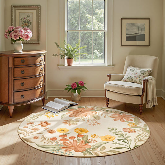 jinchan 4ft Round Floral Area Rug for Entryway - Washable Soft Non-Slip Flower Rug Circle 4' Round Accent Rug for Living Room Bedroom Dining Room Coral Pink on Beige