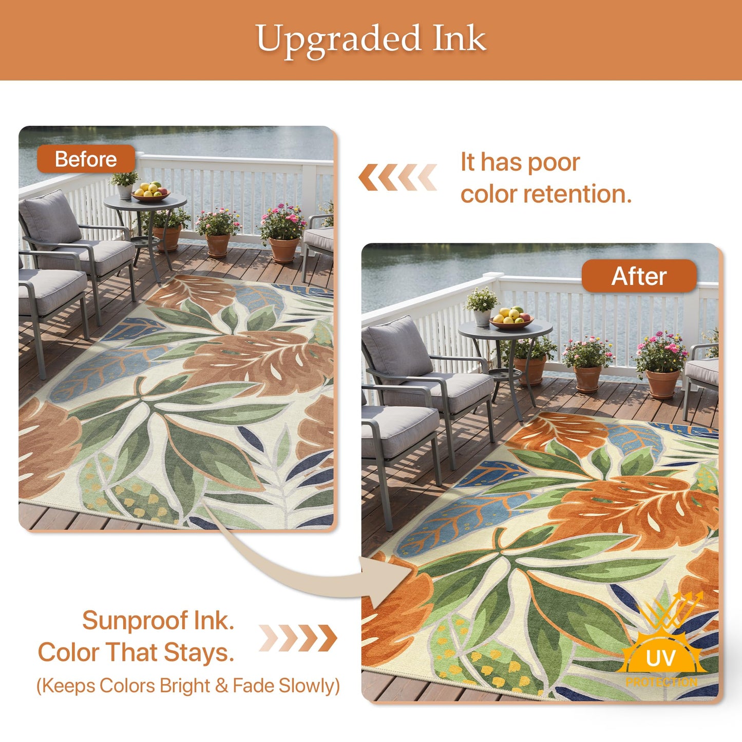 GENIMO Outdoor & Indoor Area Rug 5'x8', Waterproof, Non-Shedding, Easy Cleaning, Leaf Mat for Patio, Living Room, Balcony, Dining Room, RV, Deck, Bedroom, Camping, Outside Carpet, Rust Sage