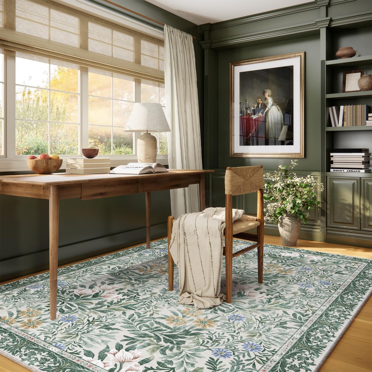 Baksham Botanical Floral Area Rug 5x7 Light Green Cream Vintage Garden Design, Perfect for Living Room, Bedroom, Kids Room, Nursery - Stain & Water Resistant Non-Slip, Pet & Child Friendly Area Rugs