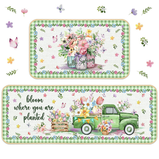 Suttmin 2 Pcs Spring Kitchen Rugs and Mats Bloom Where You are Planted Flower Jar Rugs Watercolor Mat for Spring Holiday Decor, 17 x 29 Inch, 17 x 47 Inch(Flower Truck)