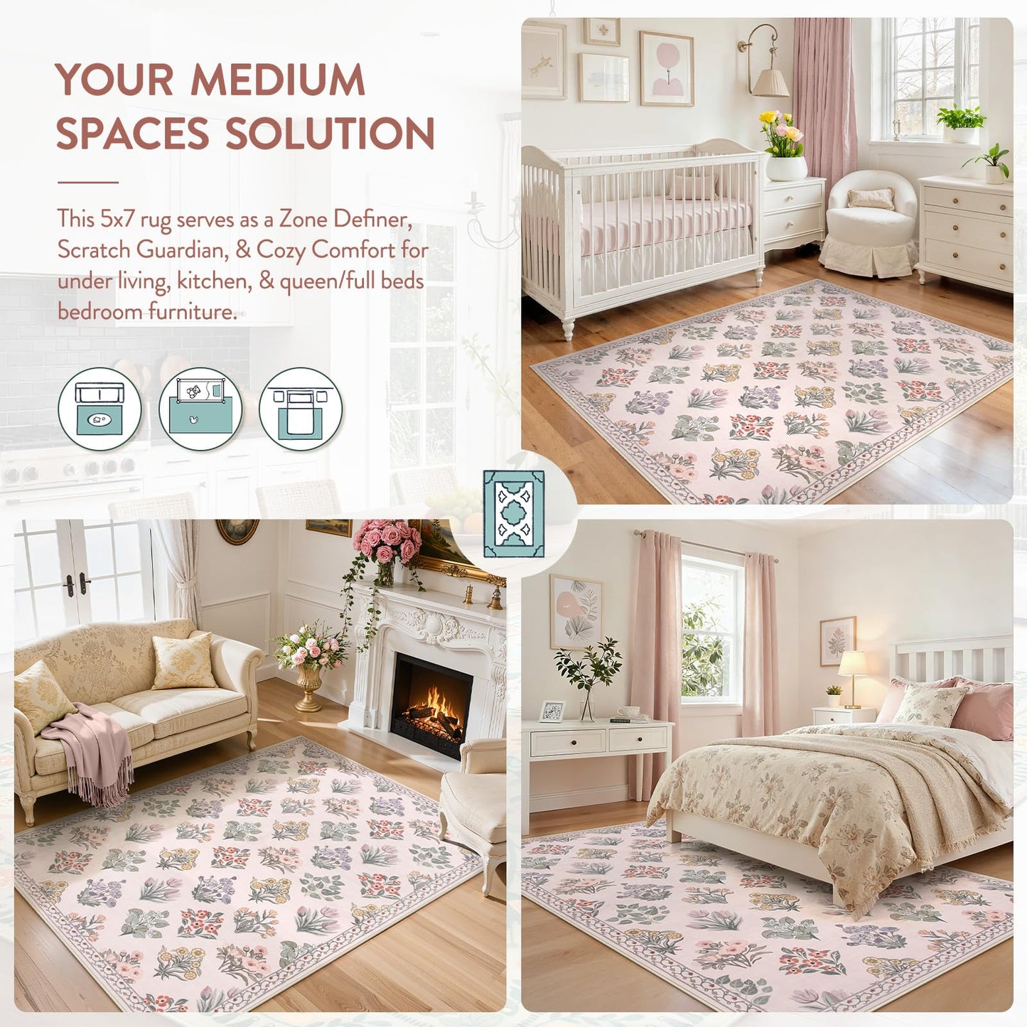 Wonnitar Pink Rugs for Bedroom Girls Nursery, Floral Print 5x7 Washable Rug, Boho Ultra-Thin Non Slip Soft Cozy Carpet for Room Decor Kids Playroom Office Living Room, Pale Pink