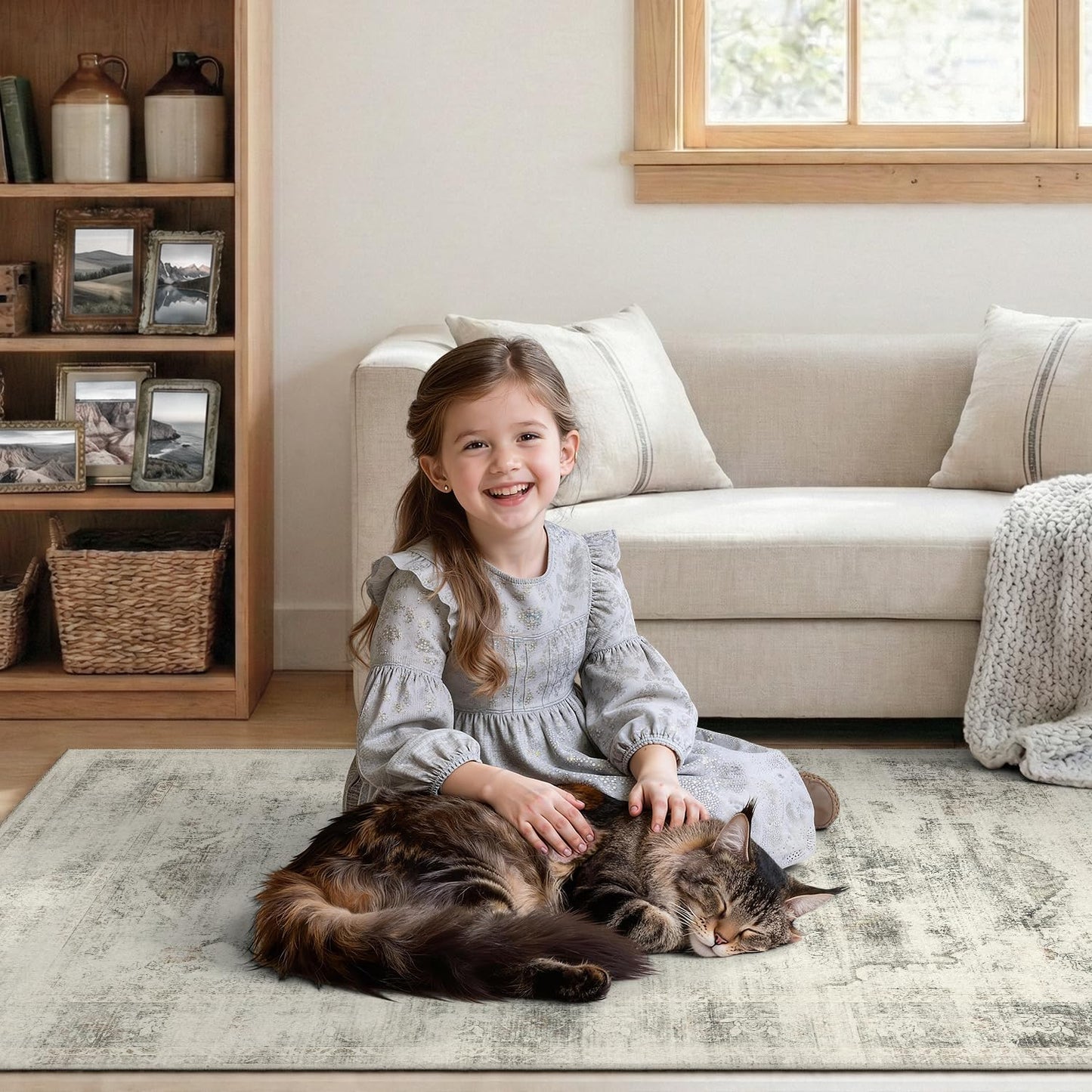 DCX 5x7 Vintage Rug, Machine Washable Stain Resistant Distressed Beige Rug, Kid & Pet Friendly with Rubber Back Non Slip Soft Low Pile Large Carpet for Living Room, Bedroom, Home Office