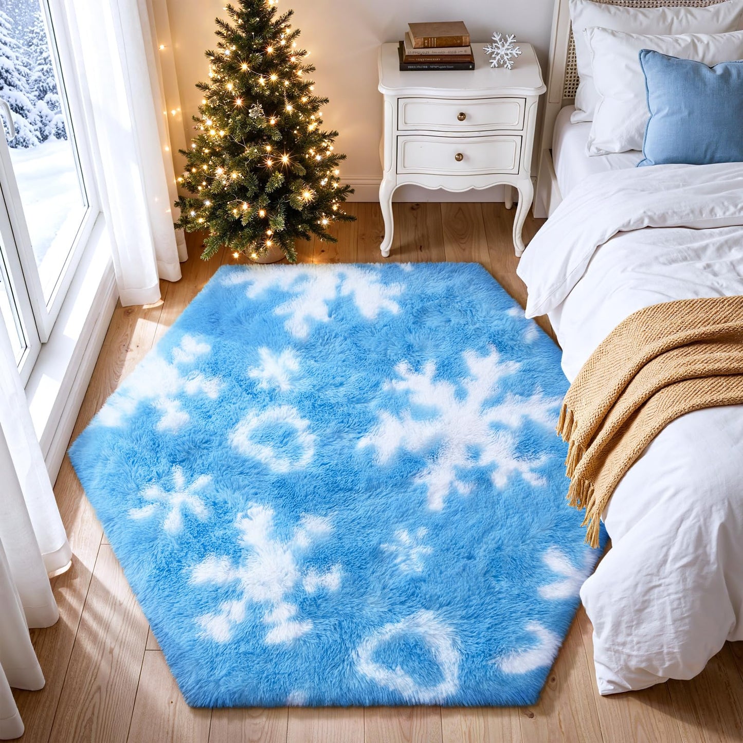 KIXINWA Hexagon Rug for Bedroom, 4x4.6 Area Rug for Living Room, Fluffy Carpet for Girls Kids Nursery Dorm Room, Soft Shag Non Slip Floor Rugs, Home Décor Carpet, Machine Washable, Blue Frozen