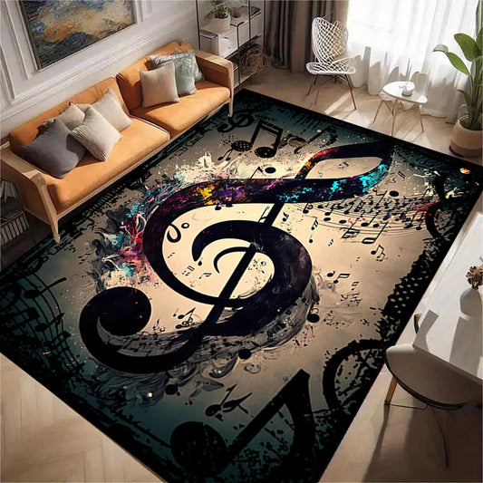 USHIRUG Music Notes Area Rug, 5x7ft, Modern Abstract Black Music Notes Colorful Graffiti Indoor Non-Slip Carpet Floor Mat, Soft Washable Rug for Living Room Bedroom Playroom Home Decor