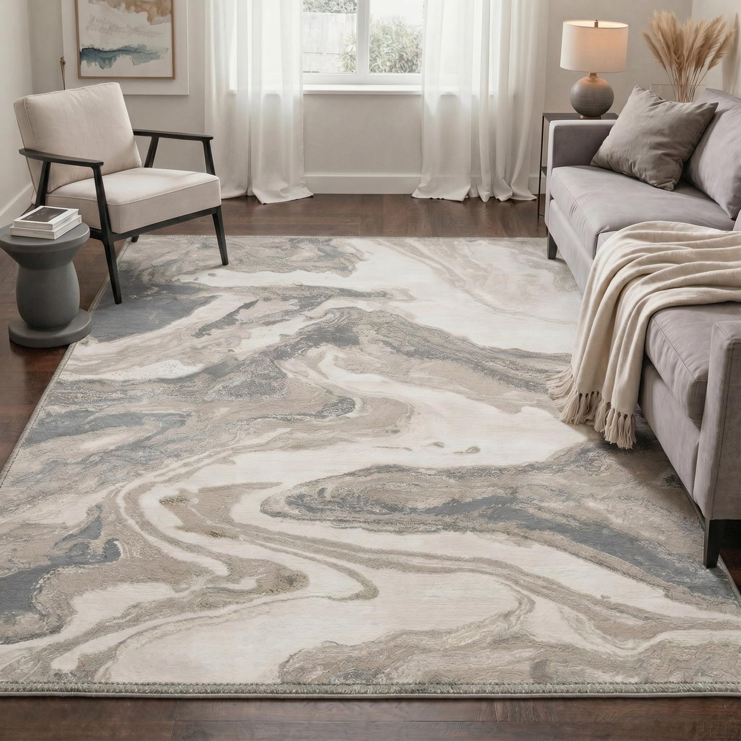 BESBLEE 2x5 Runner Abstract Rugs for Hallway and Kitchen, Machine Washable Non Slip Low Pile Print Rug for Laundry Room Bedroom Bathroom Entryway, Liquid Marble, Dusty Greige