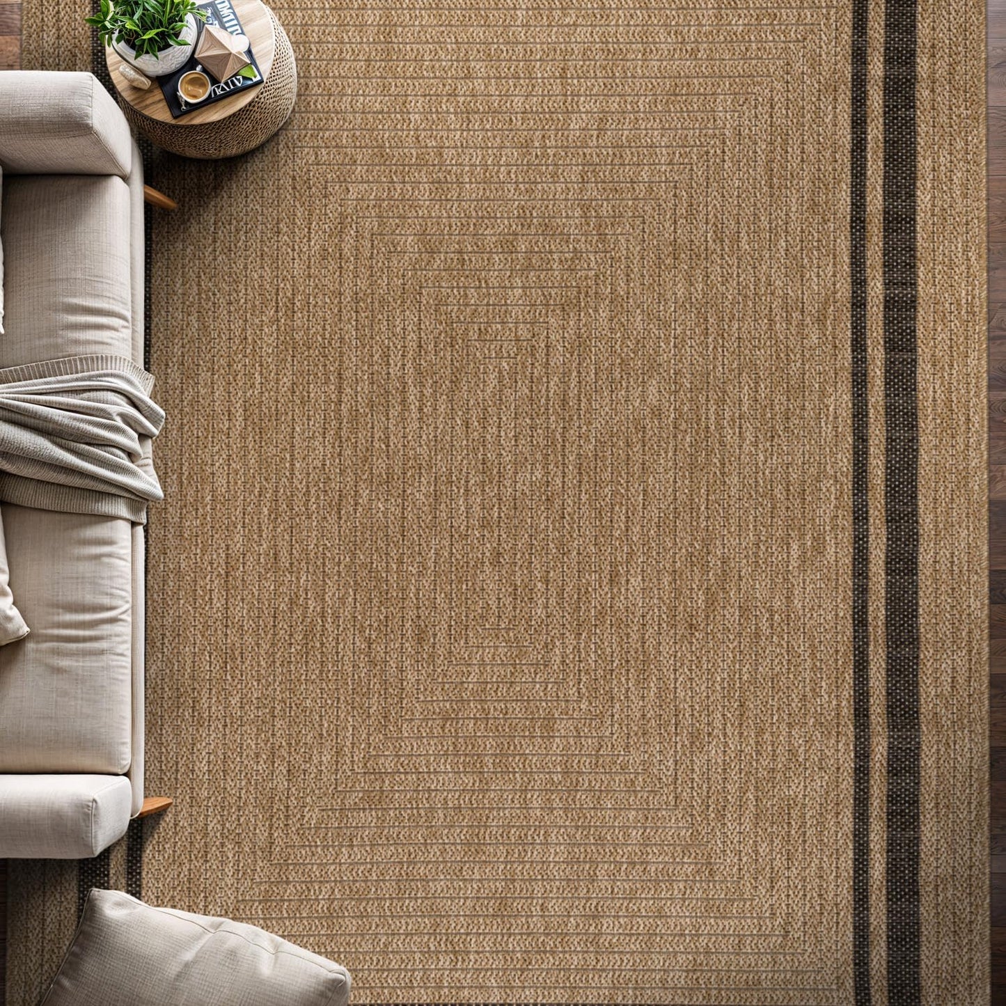 Beverly Rug Easy Jute Bordered Rug 6x9 Washable Durable Indoor Outdoor Area Rugs for Living Dining Room Patio Office Stain Resistant Non Shedding Casual Indoor Outside Carpet 6 x 9 Natural