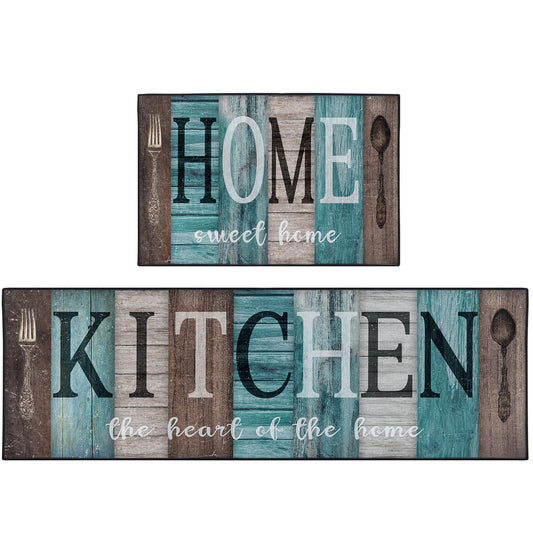 Nesphy Turquoise Teal Kitchen Rugs and Mats Non Skid Washable Set of 2, Brown Wooden Vintage Farmhouse Floor Mats, Sweet Heart Home Runner Rug, Rustic Kitchen Decor