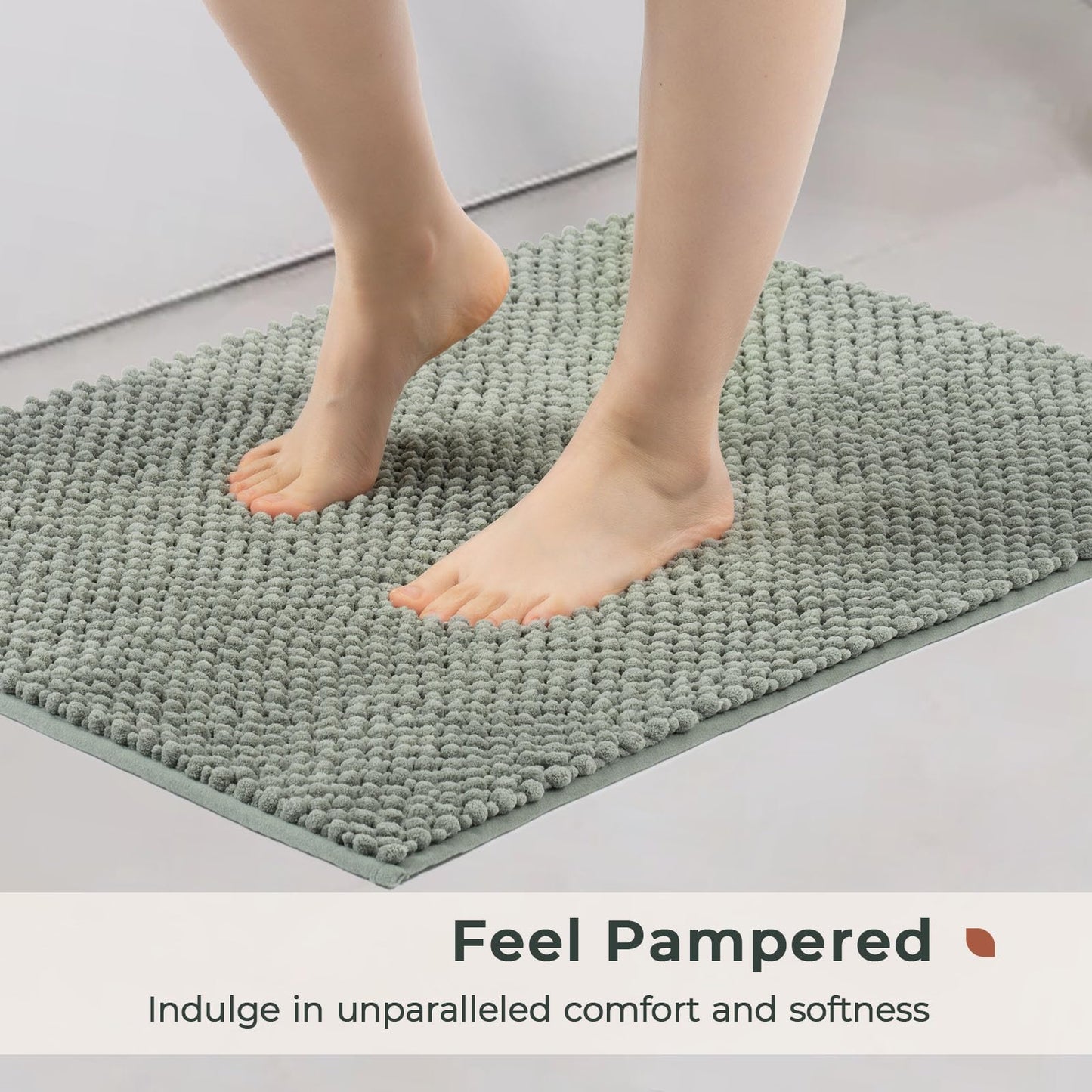 FRESHMINT Chenille Bathroom Rugs Set - 2 Piece 17"x24" + 20"x47", Non-Slip Bath Mats, Water Absorbent, Washable Shower Floor Mat, Sage Green