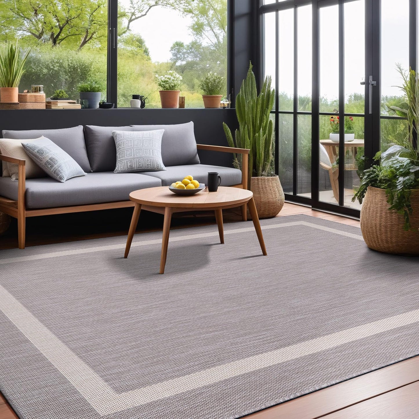 Luul Home Bordered Outdoor Rug 9x12 Washable Outside Carpet for Indoor Patio Porch Waterproof Easy Cleaning Non Shedding Area Rugs Gray 9 x 12