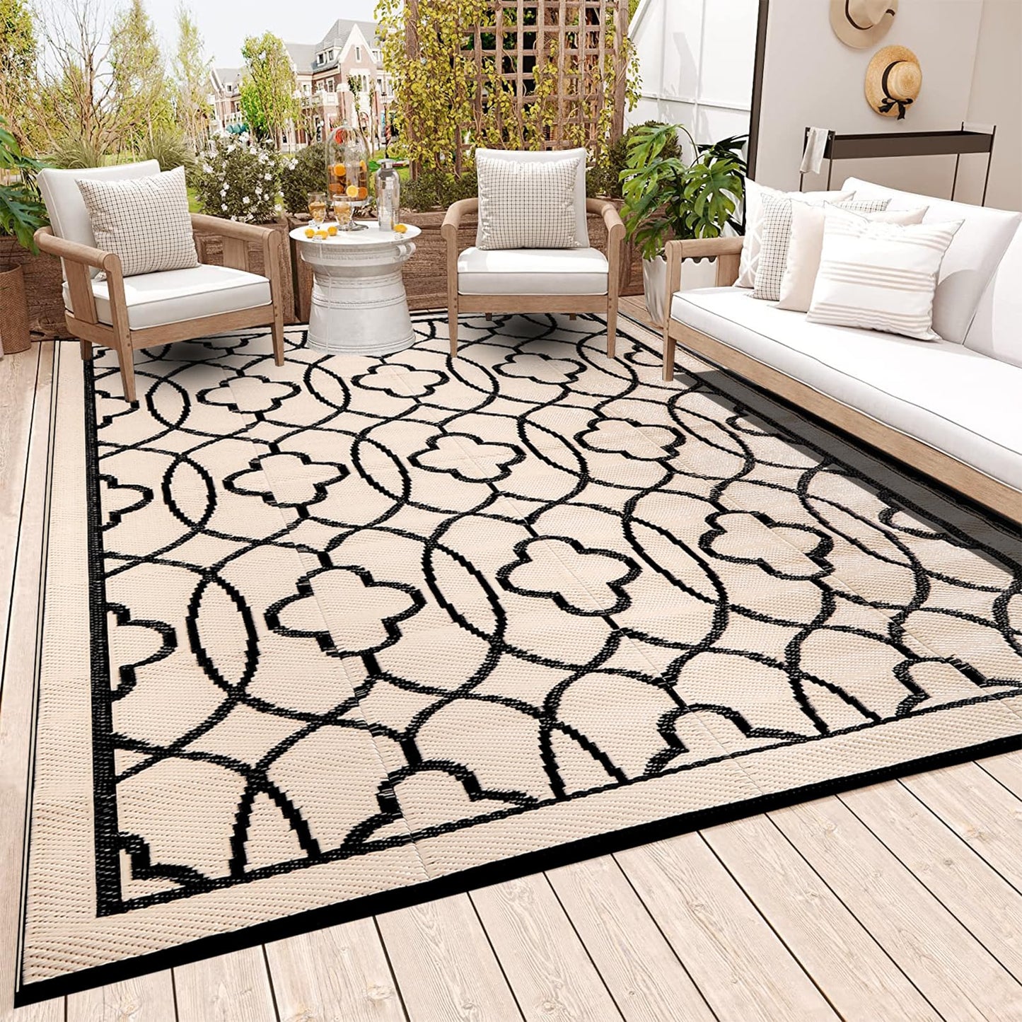 Pendolr Reversible Mats - Outdoor Rugs 9'x12' for Patios Clearance, Plastic Straw Rugs Waterproof, Portable, Outdoor RV Camping Rug, Garden, Balcony, Picnic, Beach, Camping(Black & Beige)