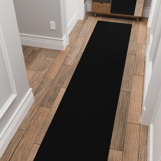 Ottomanson Aisle Runner Rug – Non-Slip Low Pile Carpet Runner for Long Hallways & Corridors, Stain Resistant & Easy to Clean, Solid Black, 1'10.5" x 20'