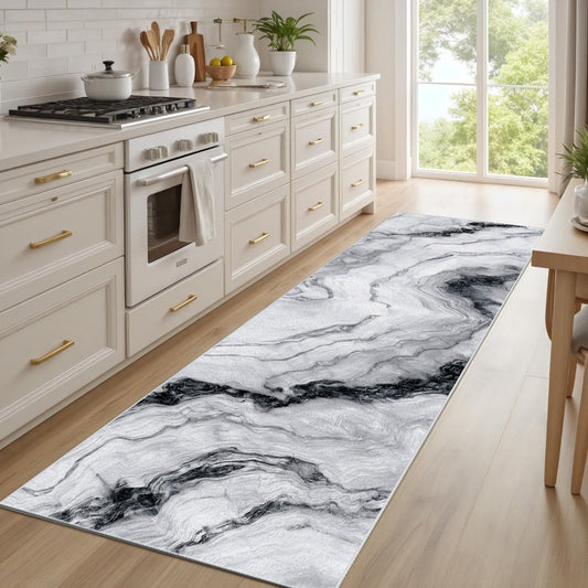 Marble Swirl Runner Rug Non Slip, Minimalist Gray White Carpet Runners for Hallway 2x8 ft, Modern Abstract Marble Throw Rugs Washable Kitchen Rug Floor Mat Rugs for Bathroom Laundry Room Entryway