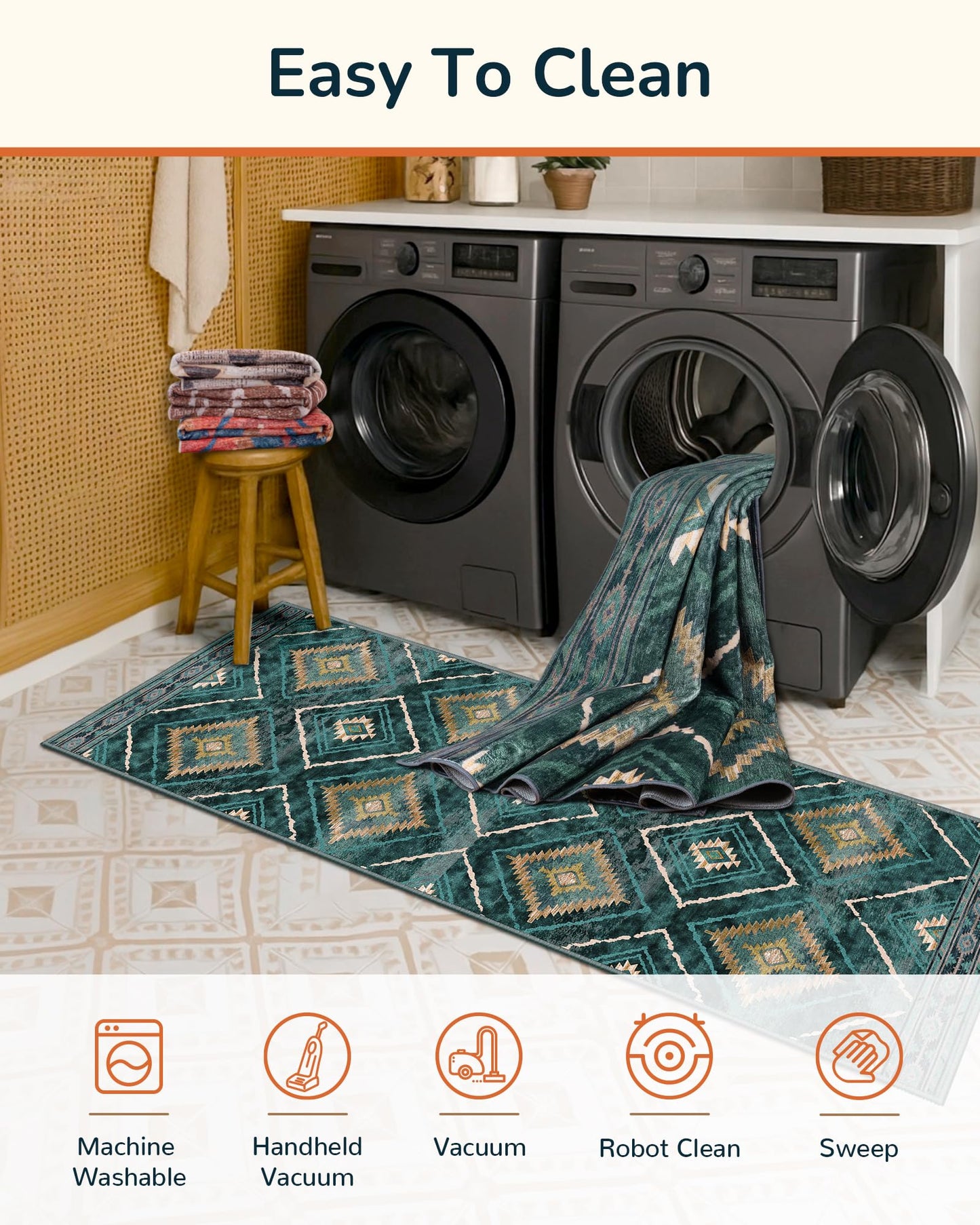 BESTSWEETIE Area Rug 5x7 Rug Machine Washable Non-Slip Low Pile Print Pattern Western Rug for Living Room Bedroom Entryway Tribal Series -Teal/Green
