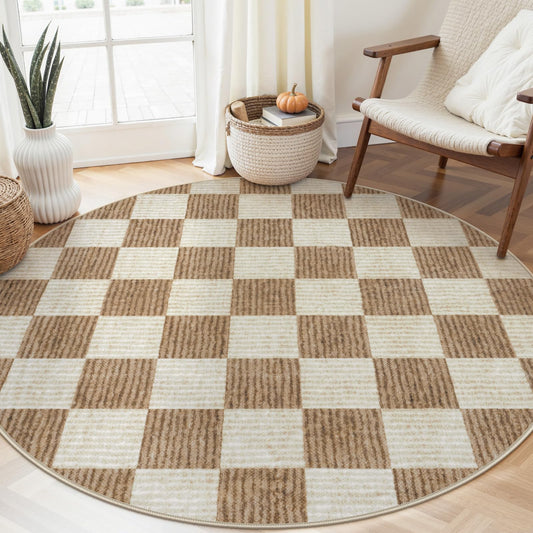 LIVEBOX Checkered Round Rug 6 Ft Washable Area Rug for Playroom Classroom, Kids Non-Slip Neutral Classic Circle Rug Geometric Large Carpet Soft Boys Nursery Rug for Dorm Bedroom(Brown,180R)