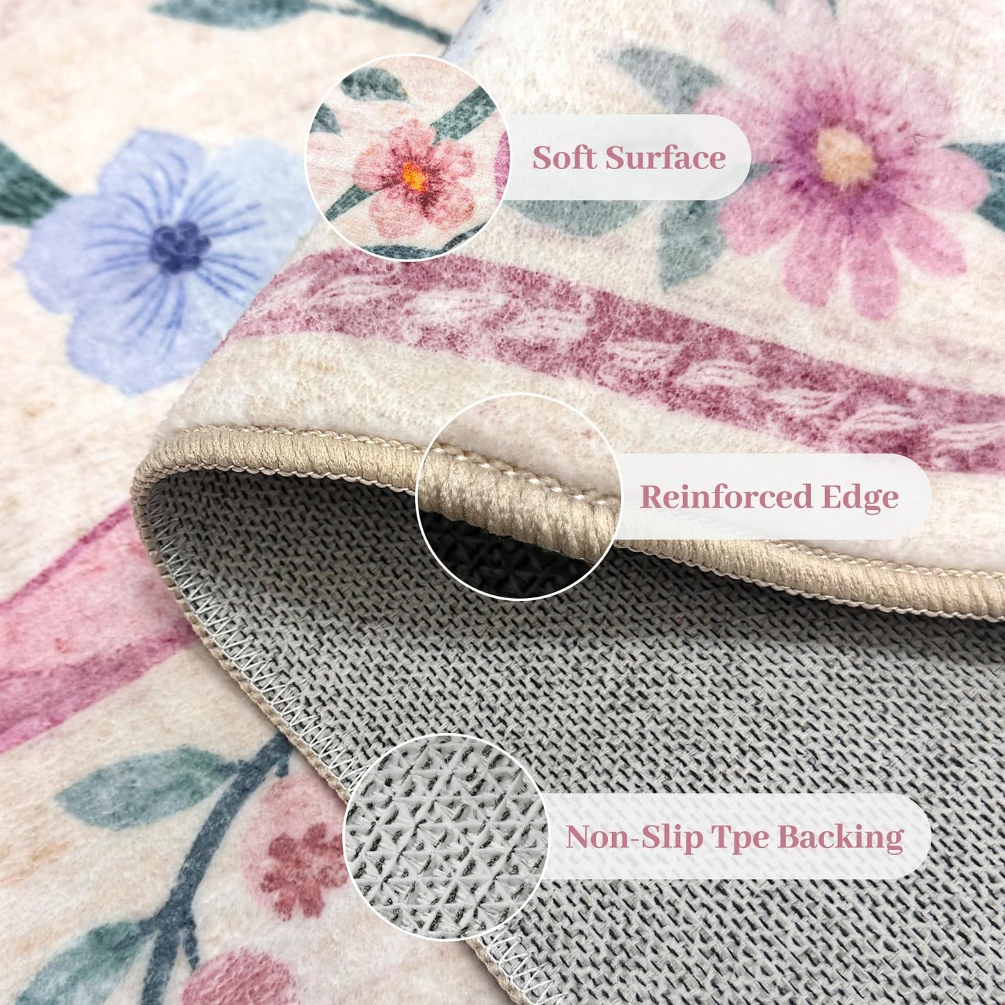 Kiginara Coquette Pink Bow Rug 5x7, Washable Floral Area Rug for Girls Bedroom & Nursery, Soft Low Pile Non Slip Carpet for Kids Room, Dorm, Playroom, Living Room