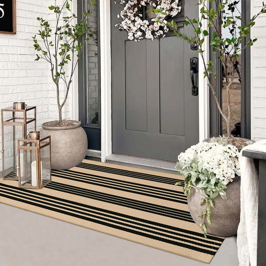Sungea Striped Outdoor Front Door Mat 24"x51", Cotton Hand Woven Washable Black and Khaki Rug Runner, Reversible Foldable Indoor Layered Front Door Rugs for Entryway/Farmhouse/Home Entrance
