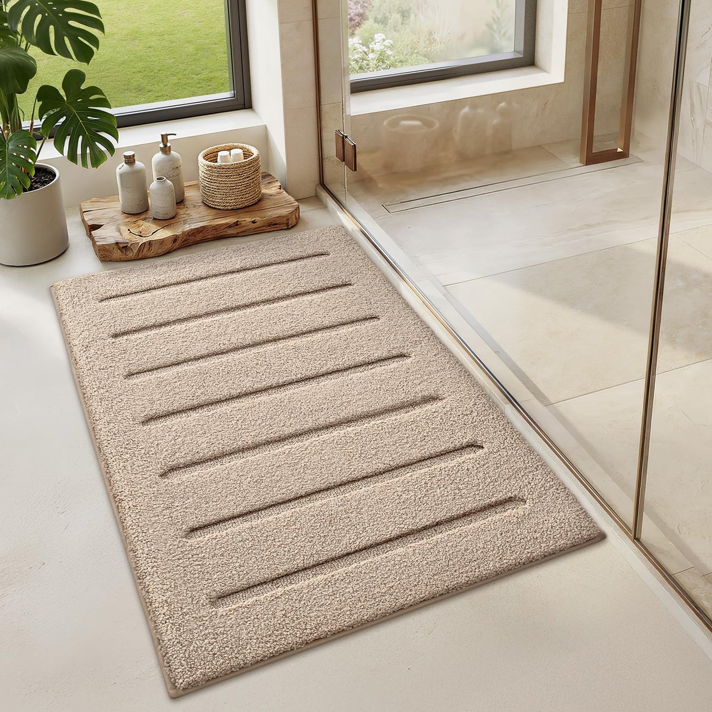 LUMI Non-Slip Skin-Friendly Bathroom Rugs, Hotel Quality Bath Mats for Bathroom, Washable Fluffy Shower Mat, Minimalist Luxury Striped Style,Ideal for Floor, Shower Tub, Entryway, 17"x30", Beige