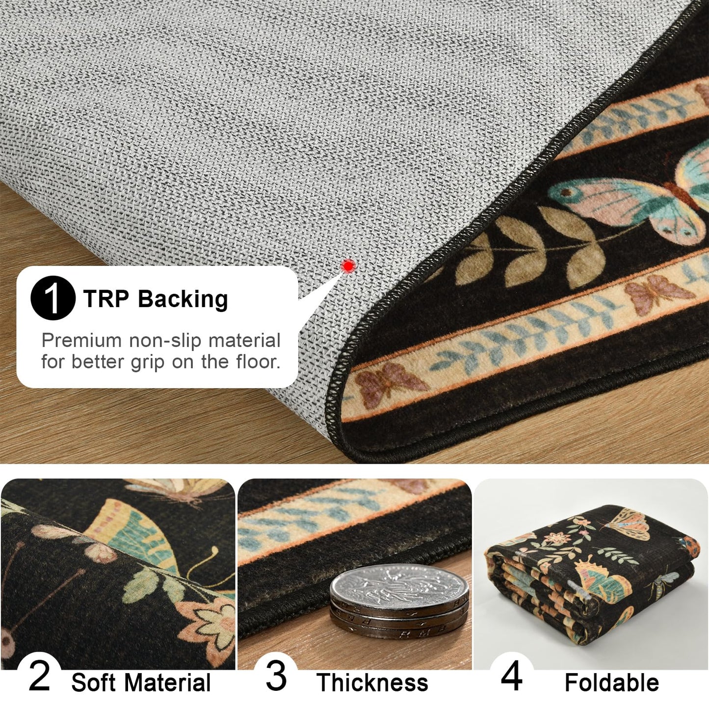 Unirea 2x3 Small Black Washable Area Rug, Door Mat Indoor Entrance Insect Rug, Non Slip Thin Area Rugs, Soft Boho Bug Entryway Rug for Kitchen, Bathroom, Bedroom, Laundry Room, Low Pile Carpet