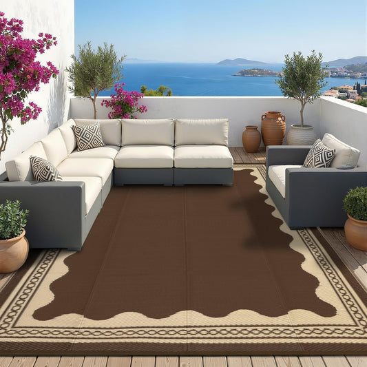 Garvee Outdoor Rug 8x10 Scalloped Waterproof Patio RV Outdoor Rugs Reversible Foldable Plastic Straw Rug Modern Camping Carpet for Deck Camper Porch Balcony Backyard Picnic Beach Brown
