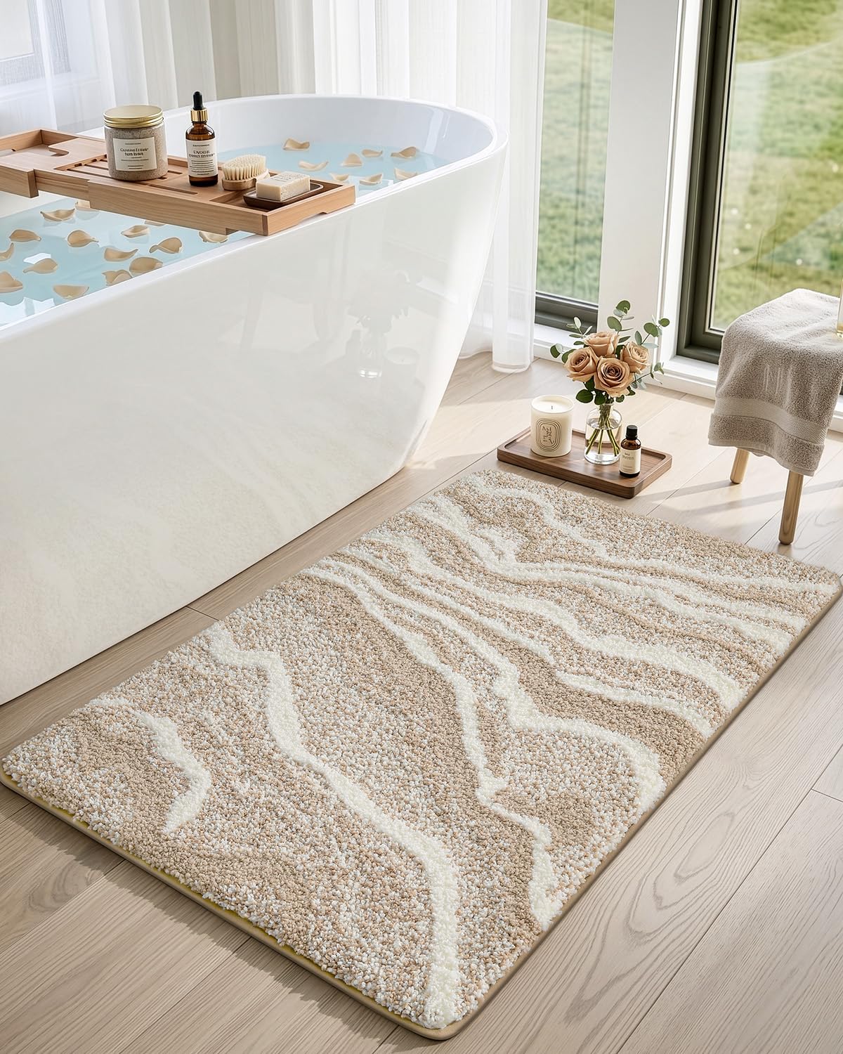 DEXI Bathroom Rug Mat 30x17, Soft and Absorbent Marble Bath Mat, Non Slip Machine Washable Bath Rugs for Shower Floor, Tub, Sink, Beige