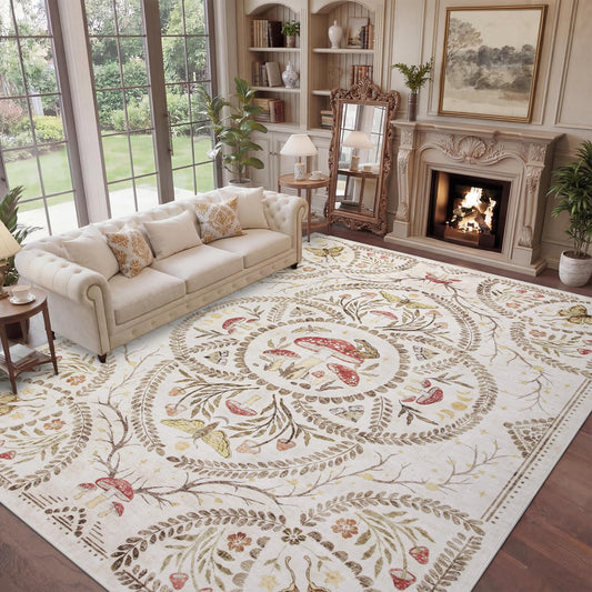 Garvee Mushroom 8x10 Area Rugs for Living Room, Dark Academia Gothic Rug, Non Slip Animal Print Washable Rugs 8x10 Low Pile Bedroom Decor Bug Carpet with Rubber for Dining Room Playroom Office, Beige