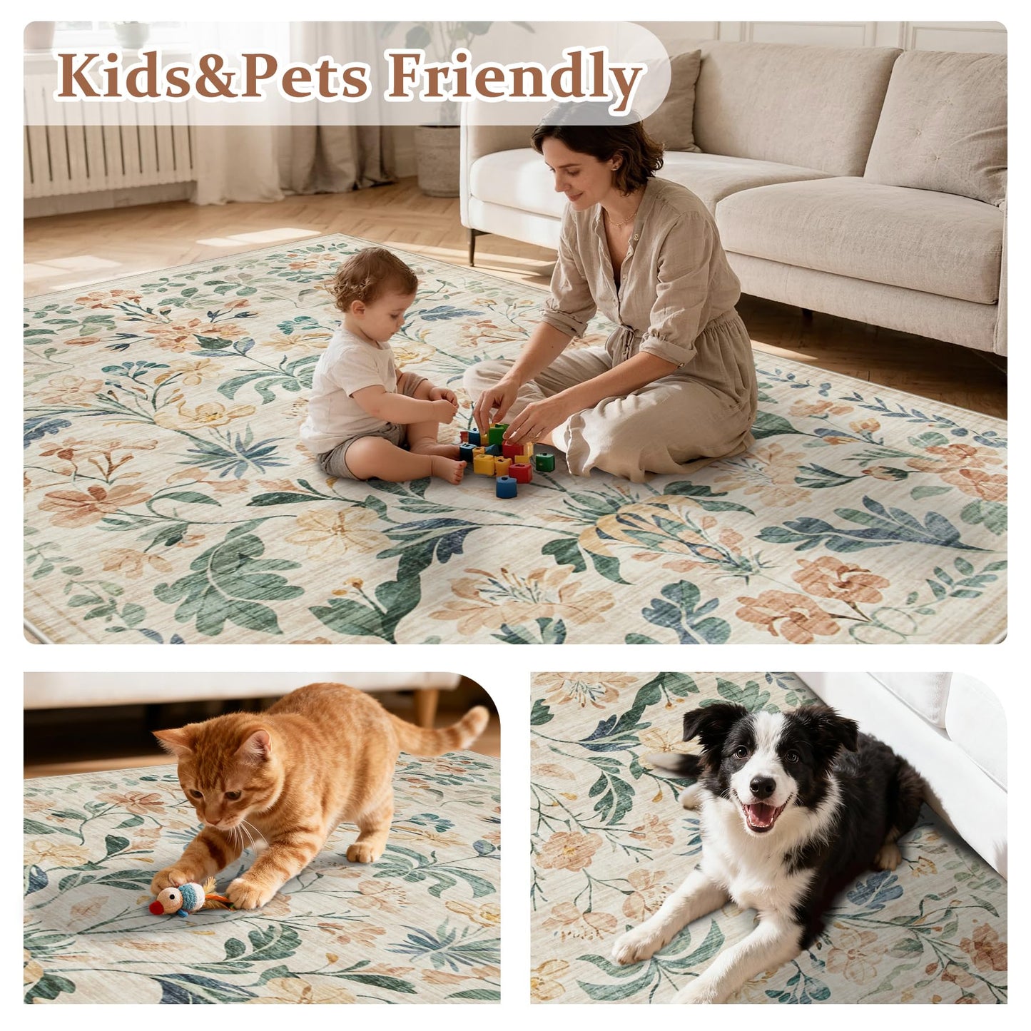 8x10 Area Rugs Washable Rug: Large Boho Living Room Rug Soft Non-Slip Low Pile Carpet Indoor Floor Non-Shedding Neutral Floral Carpets for Bedroom Dining Room Farmhouse Nursery Beige