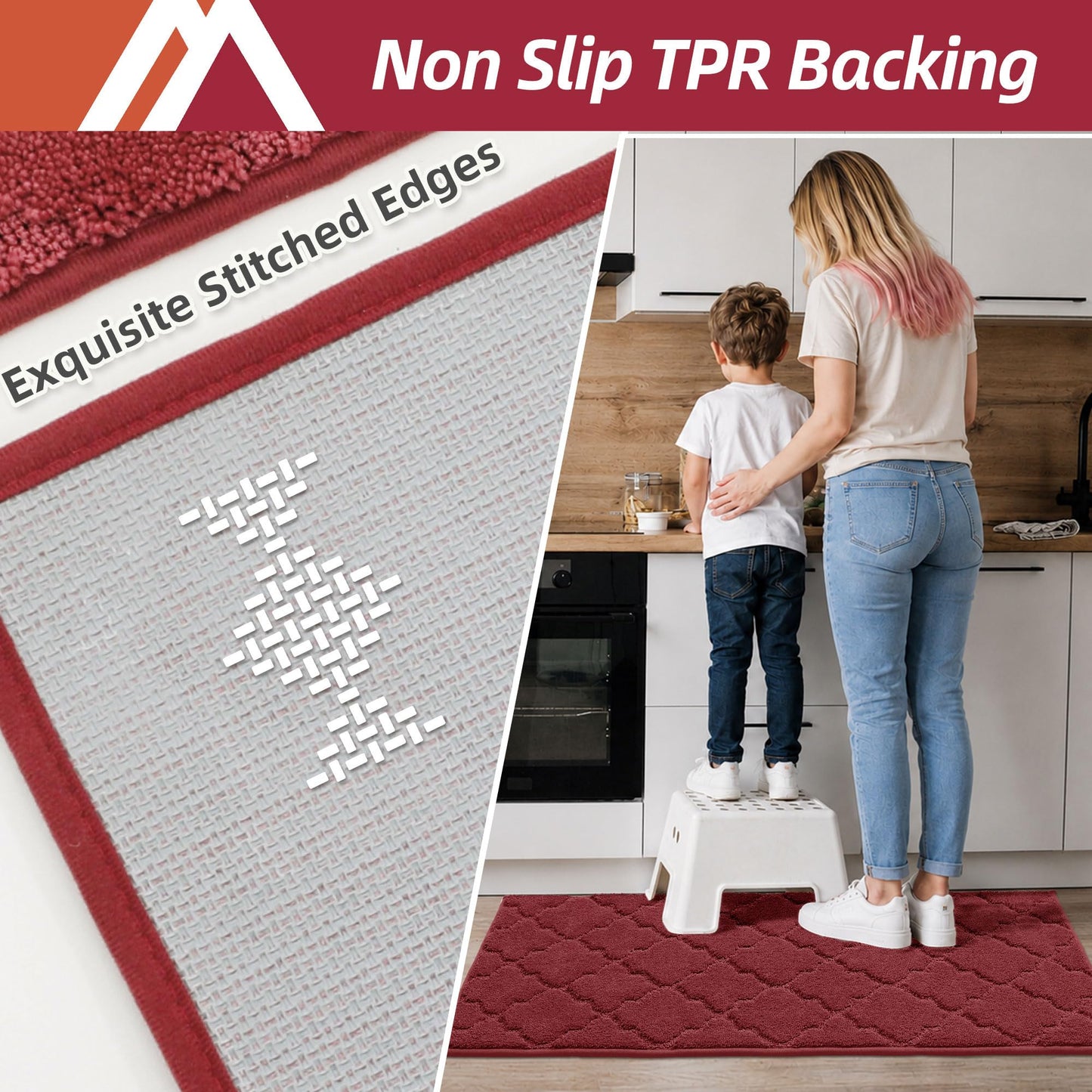 COSY HOMEER Soft Kitchen Floor Mats for in Front of Sink Super Absorbent Rugs and 20"x59" Non-Skid Mat Standing Washable,Polyester,Red