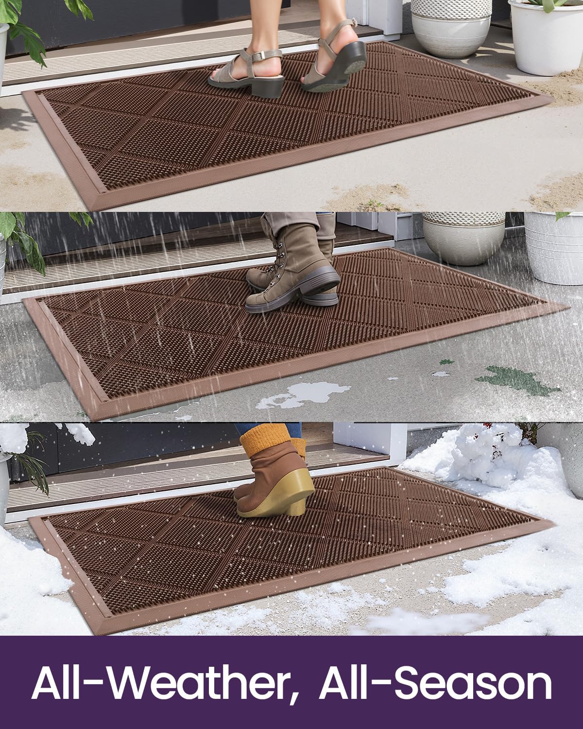 DEXI Front Door Mats Outside Entrance, 17x36 Rubber Waterproof Dirt Trapping Entry Mat for Entryway, Heavy Duty Non-Slip Low-Profile Welcome Doormat All Weather for Patio, Brown