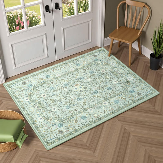 Vasofe 2x3 Area Rug for Bedroom, Small Rugs for Entryway, Kitchen, Bathroom, Non-Slip Washable Carpet Soft Low Pile Vintage Floral Light Green Mat Front Door Mats for Indoor Entrance
