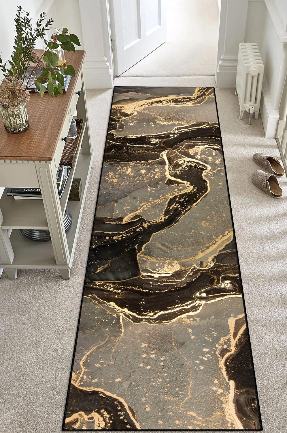 Modern Abstract Marble Runner Rug - 2x8 Luxury Hallway Rug Non-Slip Soft Washable Runner Rug for Entryways Hallways Bedroom Laundry Room Kitchen (Brown/Gold)