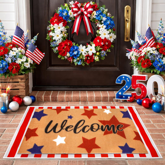 Prewplam 2 Pcs 4th of July Welcome Doormat- Outdoor Patriotic 250th Anniversary America Stars Door Mat, Front Rubber Non Slip Backing Floor Mats for Home Decoration Entryway Entrance Porch Decor
