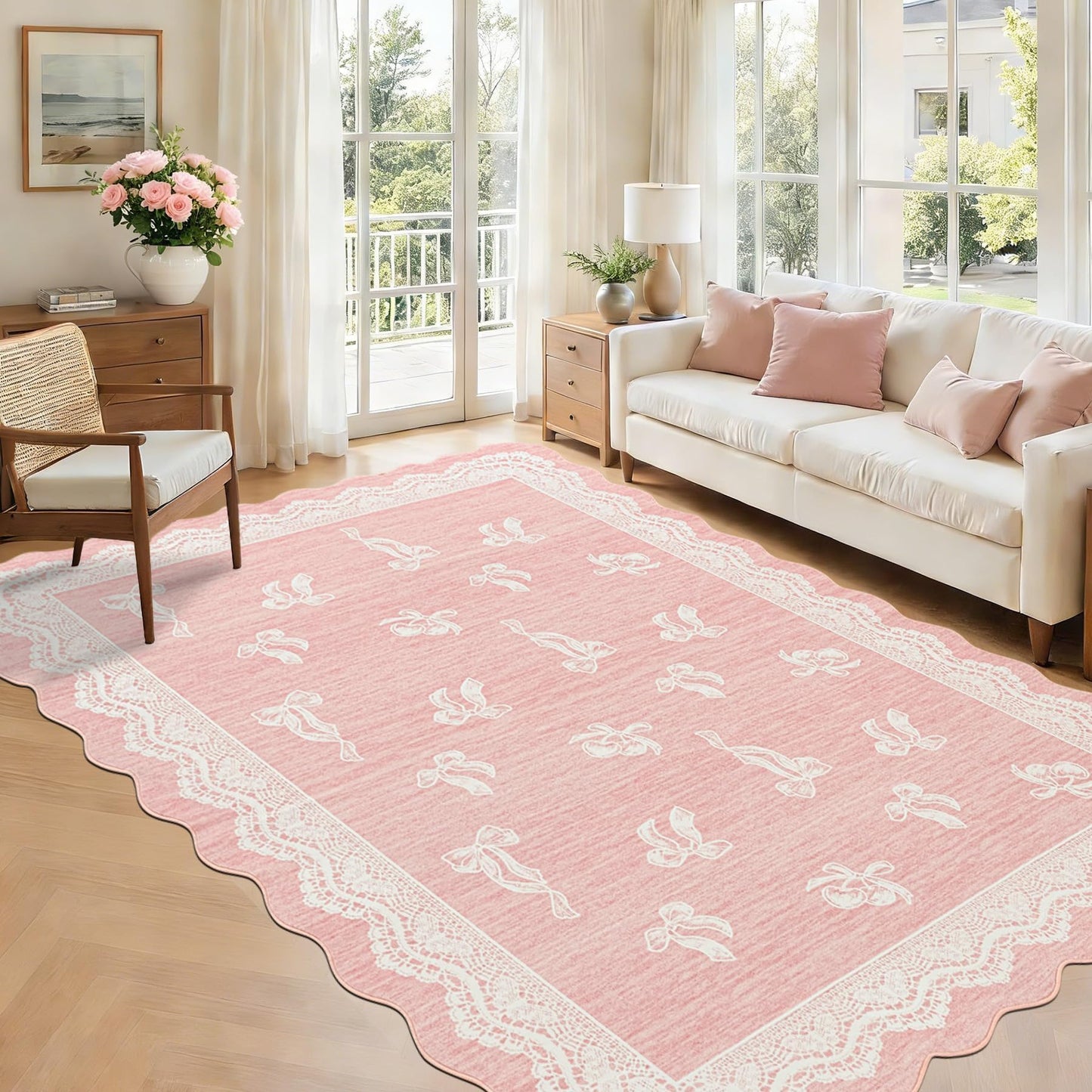 ORTIGIA 5x7 Scalloped Area Rug for Living Room, Pink Washable Low Pile Non Slip Rug with Bow Large Carpet for Girl Nursery Bedroom Playroom Dining Room Home Indoor Decor