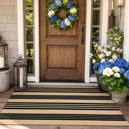 KIMODE Front Door Mats 24"x51", Black and Khaki Striped Layered Door Mats Outdoor,Machine Washable Farmhouse Front Porch Rug Fall Decor Cotton Hand Woven Entryway Rug for Doorway