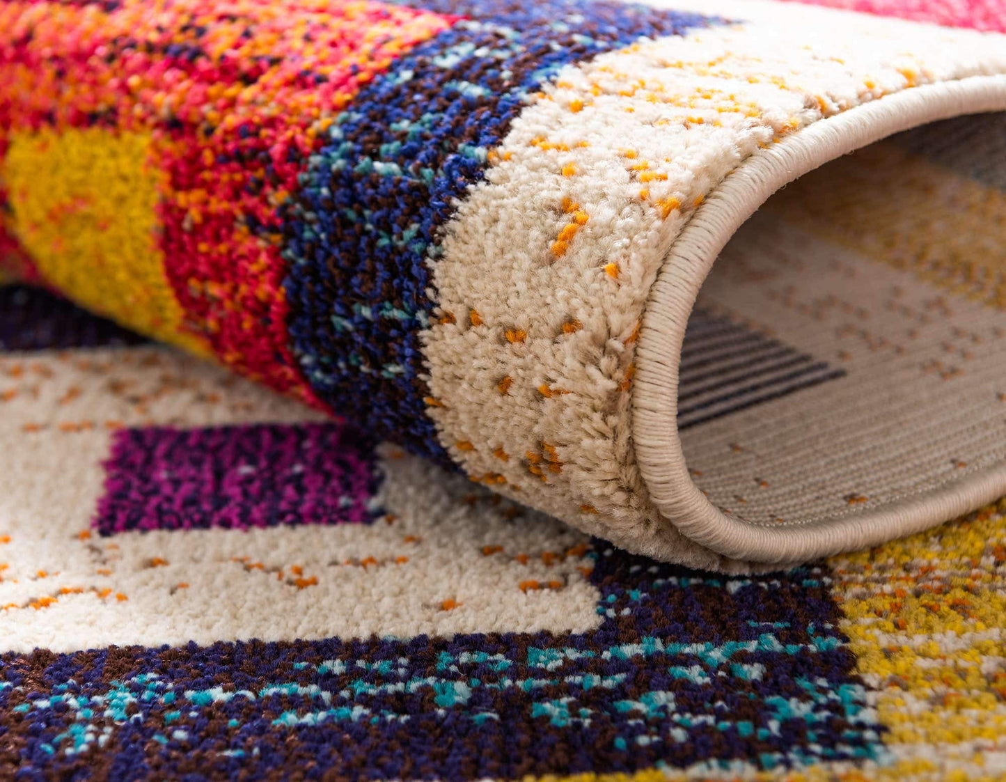 Unique Loom Estrella Collection Colorful, Geometric, Squares Modern, Abstract Area Rug (6' 0 x 6' 0 Round, Multi/Beige)