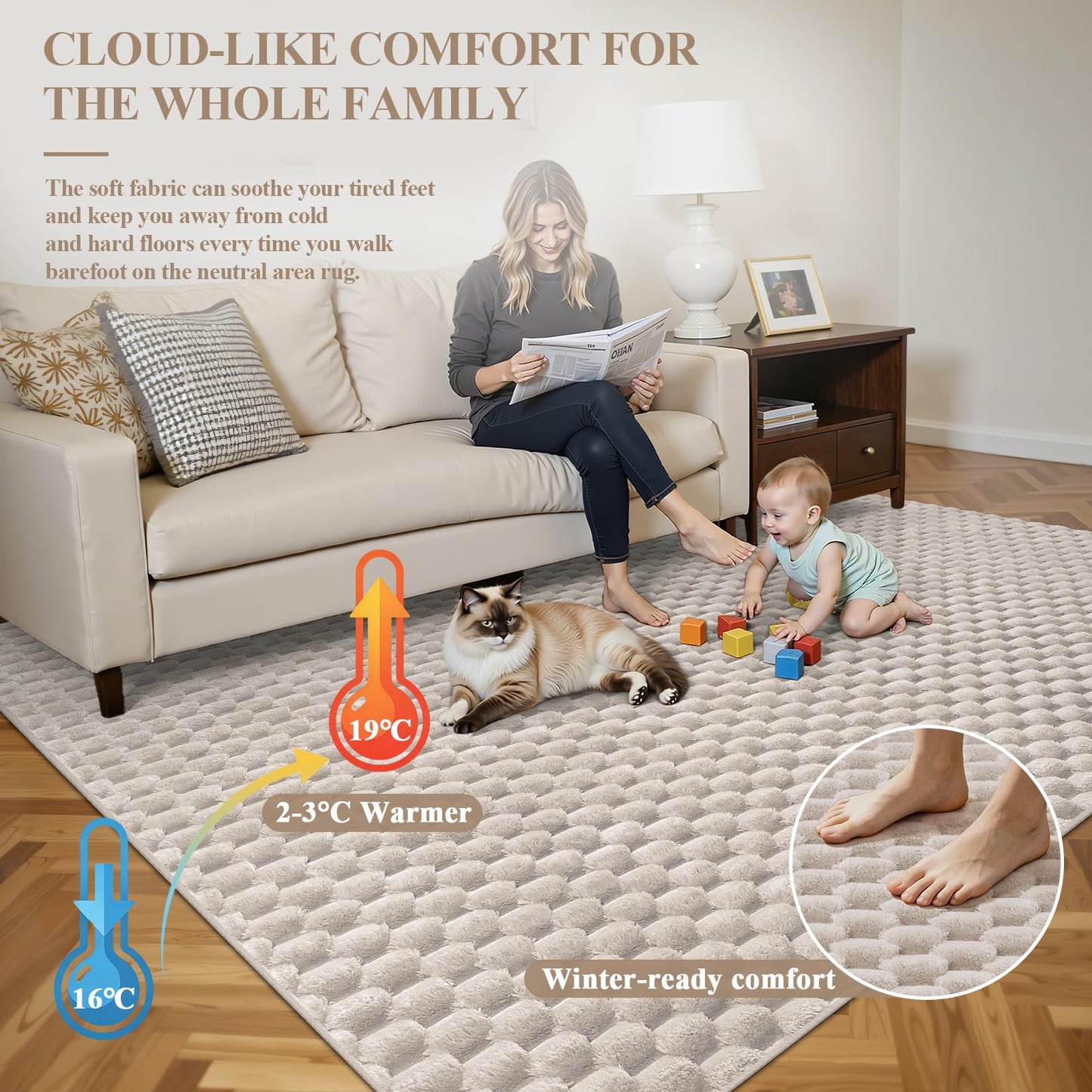 Vaukki 5x8 Area Rug for Living Room, Non Slip Washable 3D Bubble Living Room Rug, High Low Pile Hexagon Floor Mat for Bedroom, Modern Soft Fluffy Carpet for Dining Room, Office and Nursery, Beige
