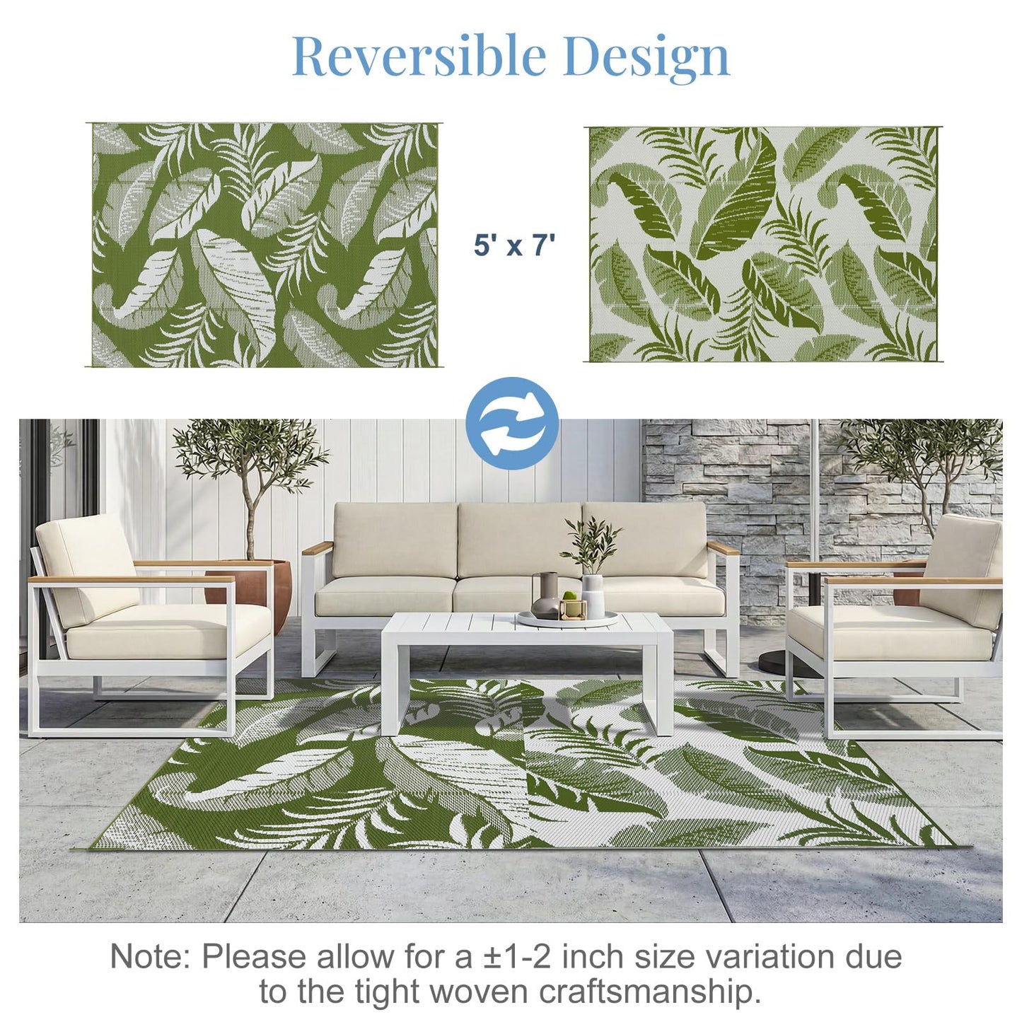 OPPODREAM Reversible Outdoor Rug 5x7, Waterproof Outdoor Plastic Straw Rug for Patio, Tropical Leaf RV Camping Rugs for Outside, Deck, Balcony, Porch, Backyard, Camping, Rv, Green and White