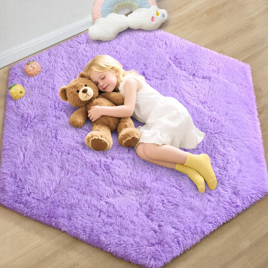 CUBNBUD Purple Hexagon Rug for Princess Tent, 4x4.6Ft Fluffy Area Rug for Girls Room, Shag Plush Soft Carpet for Play Tent, Cute Mat for Princess Room Decor