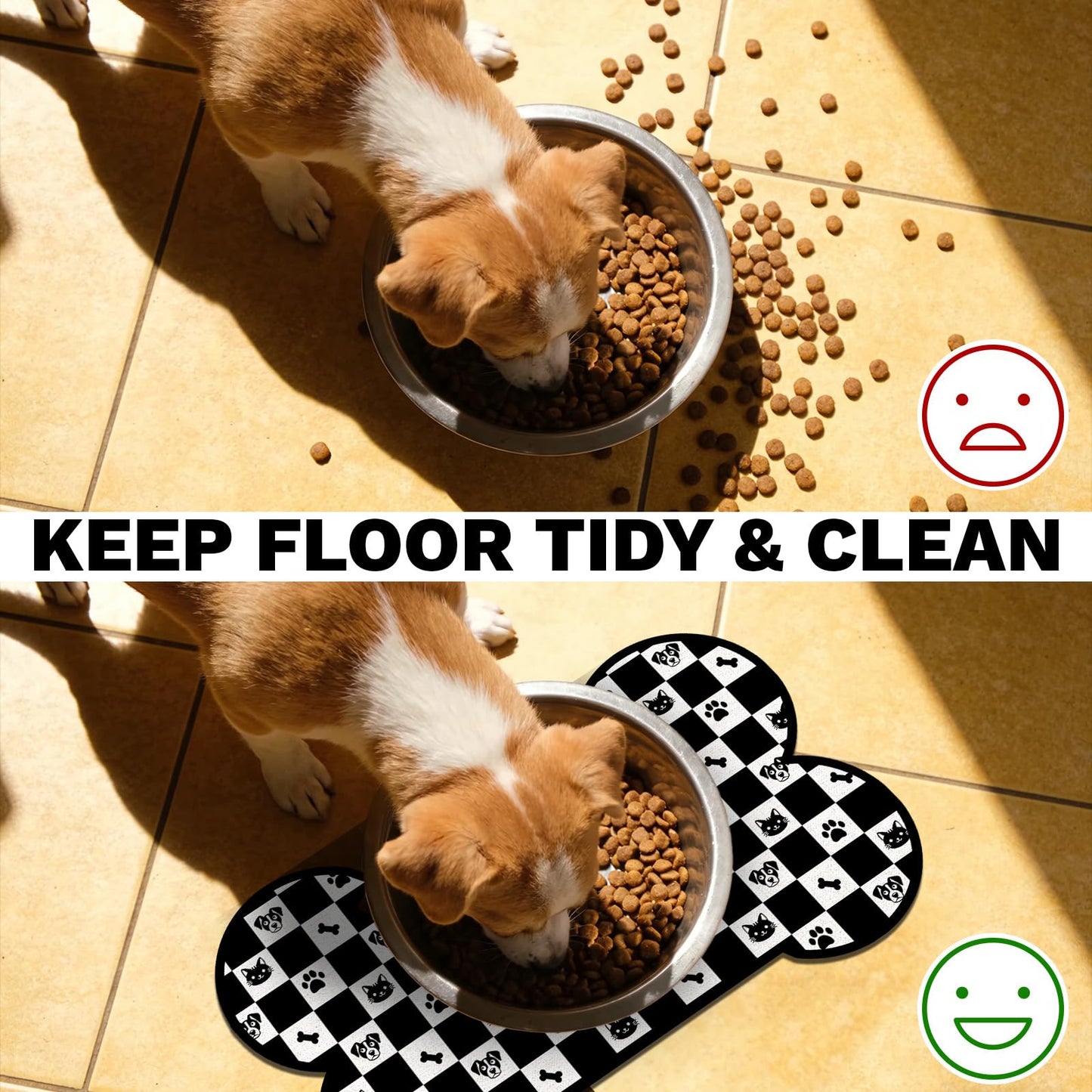 Pet Dog Cat Food Mat, Absorbent Bone Shaped Dog Bowl Mats for Food and Water, Non Slip Cute Footprint Dogs Cat Placemats Feeding Mat for Floors Puppy Pet Accessories Supplies 12"x20" Black White