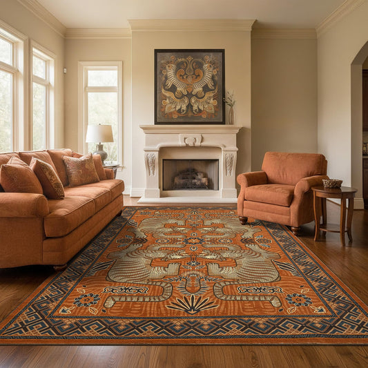 GarveeHome Tibetan Tiger 8x10 Washable Area Rugs for Living Room, Boho Tribal Terracotta Soft Animal Print Throw Rug Vintage Non Slip Ultra Thin Stain Resistant Floor Carpet for Office Bedroom
