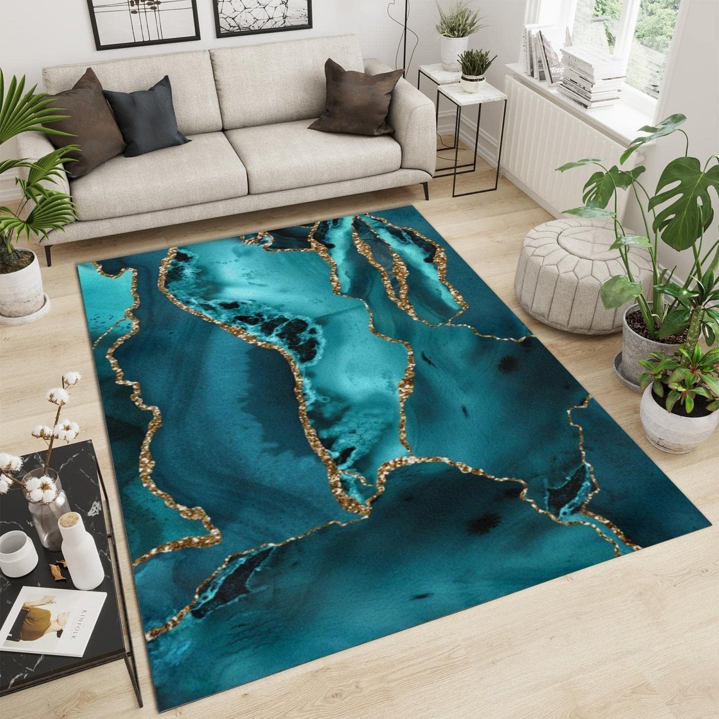 Turquoise Gold Edge Marble Area Rug, Abstract Marble Light Luxury Living Room Rugs, Indoor Non-Slip Kids Rugs, Machine Washable Breathable Durable Carpet for Front Entrance Floor Decor,2 x 6ft