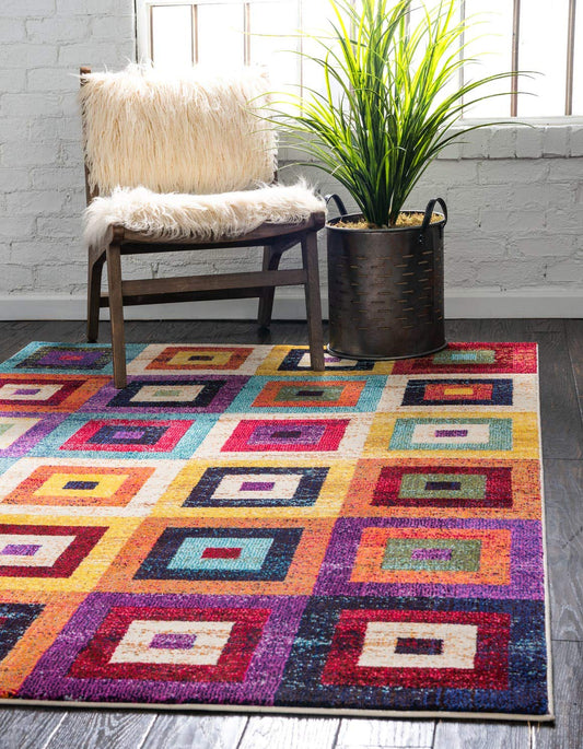 Unique Loom Estrella Collection Colorful, Geometric, Squares Modern, Abstract Area Rug (7' 0 x 10' 0 Rectangular, Multi/Beige)