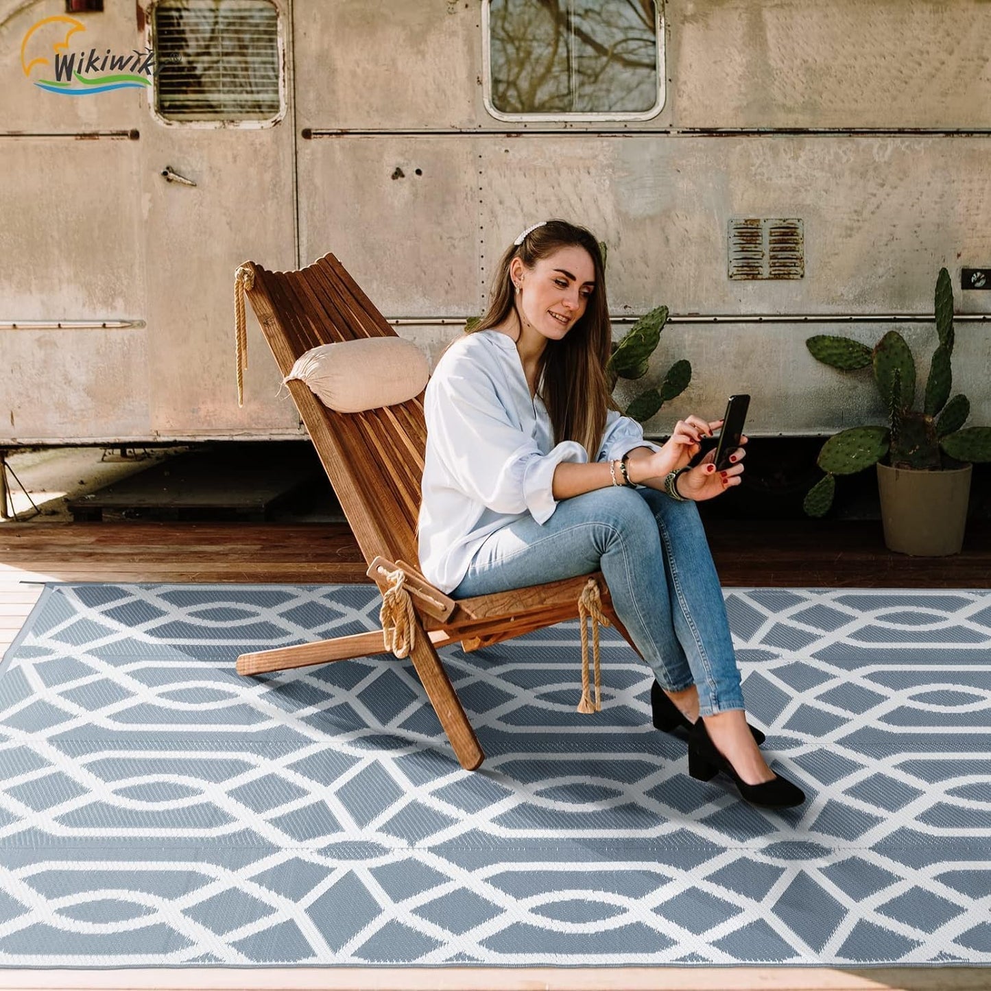 wikiwiki Outdoor Rug, 6x9ft Waterproof Reversible Mat Indoor Outdoor Rugs Carpet, Small Area Rug Plastic Straw Rug for Patio Deck Balcony Pool RV Camping Beach Picnic, Grey, Rugscape Series