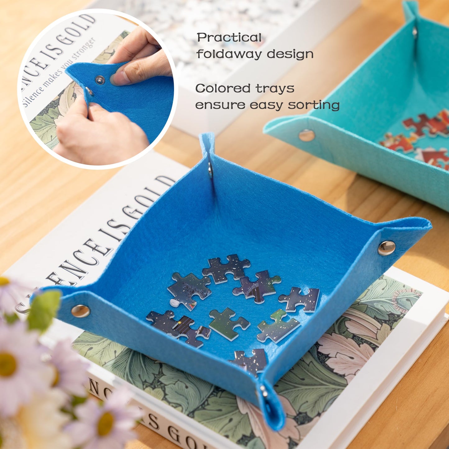 Tektalk 3000-Pc Jigsaw Puzzle Mat with 6 Felt Sorting Trays, Higher-Capacity Design, Roll-up Mat in Delicate Packaging Box with Hand Pump, Storing for 3000, 2000, 1500, 1000, 500 Jigsaw Puzzle Pieces