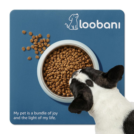 LOOBANI Dog Food Mat for Floors Waterproof 17.3"x17.3"- Absorbent Dog Bowl Mat for Food and Water Bowl, Leakproof Rubber Backing, Dog Feeding Mat for Dog, Cat, Pet (17.3"x17.3", Dark Blue)